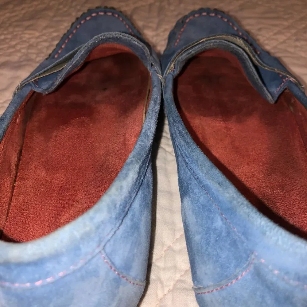 Womens Blue Suede Penny Loafers Moccasins, Size 9.5M